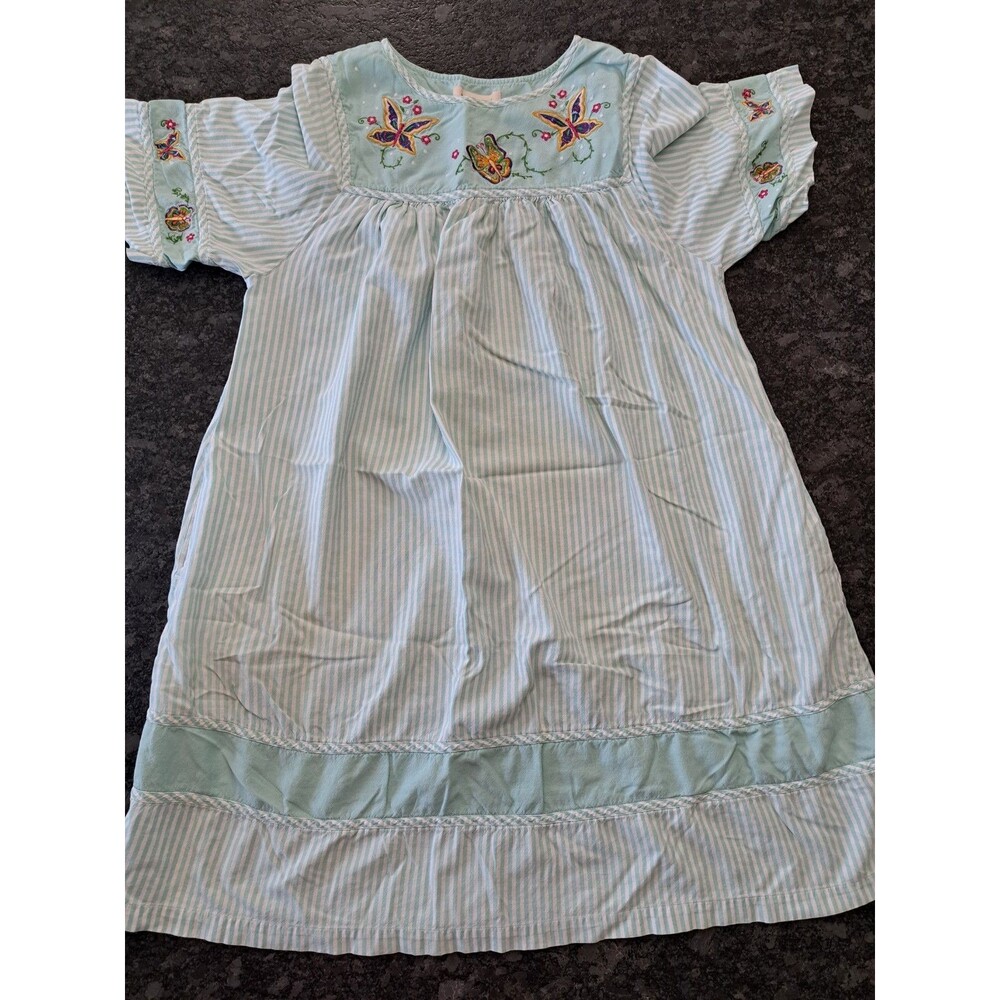 VTG Bechamel Mint Green Striped Patio Dress Size M Butterfly Embroidery Cotton